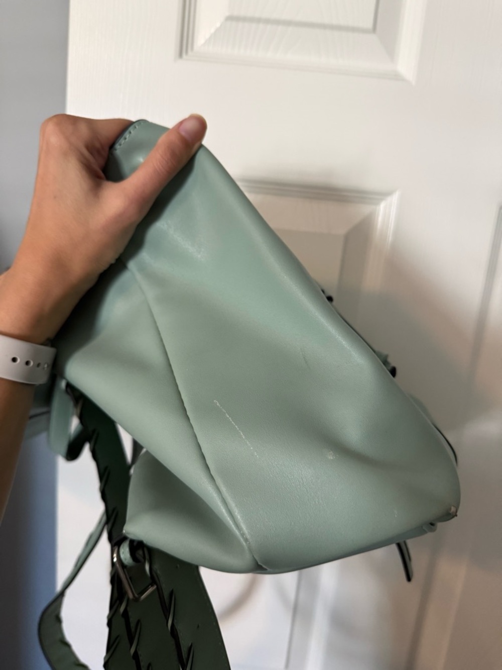 Zara Sage Green Faux Leather Backpack Minimalist Flap Drawstring Bag - Picture 4 of 7